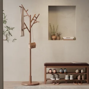 Solid Wood Coat Rack Tree Shaped with 12 Hooks 3 Adjustable Heights Tool Free Assembly